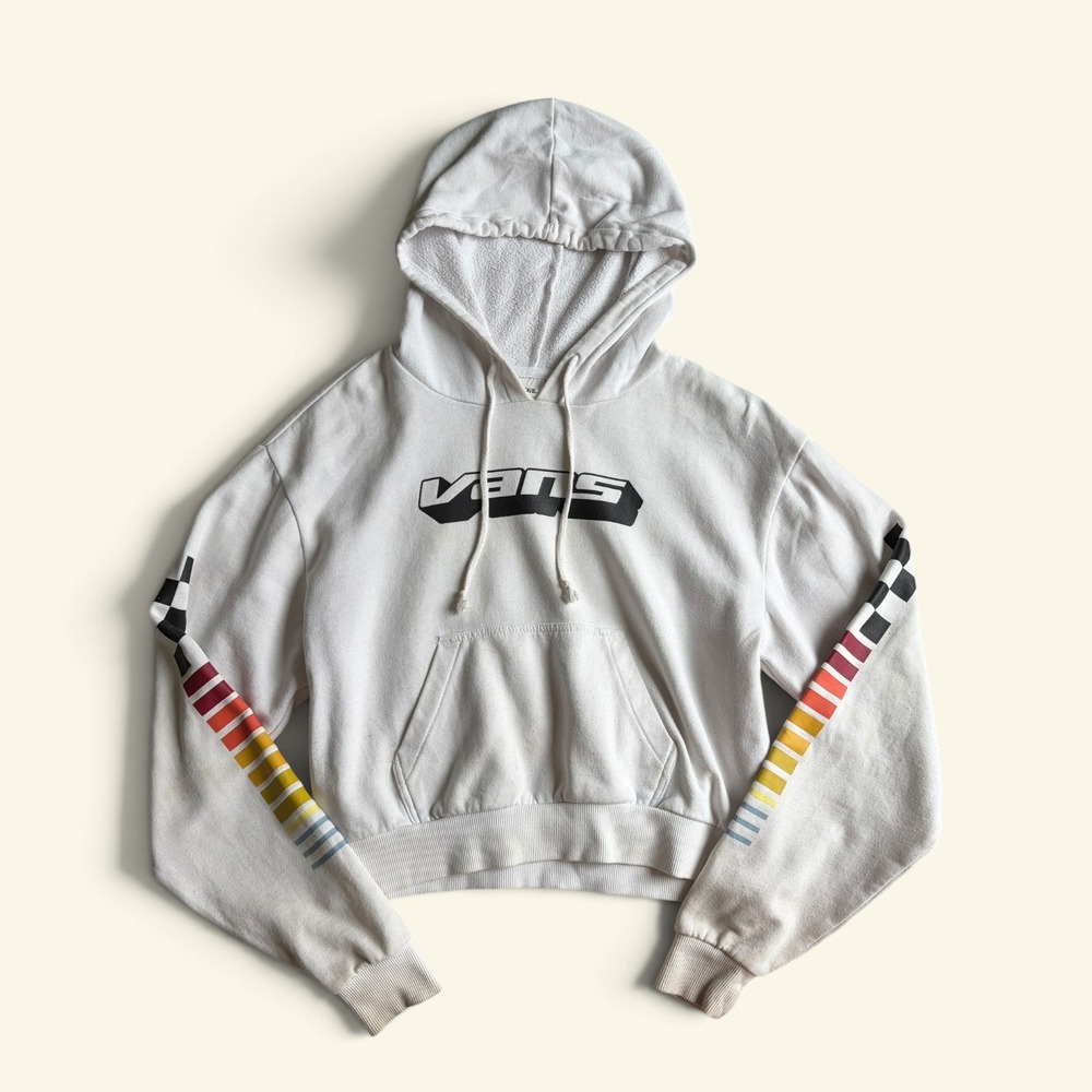 Vans Womens Hi-Perf Cropped Hoodie Size XS White Rainbow Sleeve Checkerboard Y2K